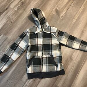 Kirra Plaid Hooded Jacket in Black, Gray, and Cream